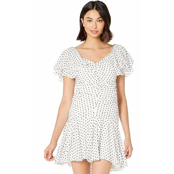 Bardot Dresses & Skirts - Bardot Women White Black Polka Dot Ruched Ruffle Mini Dress Size 8 M US 12 UK